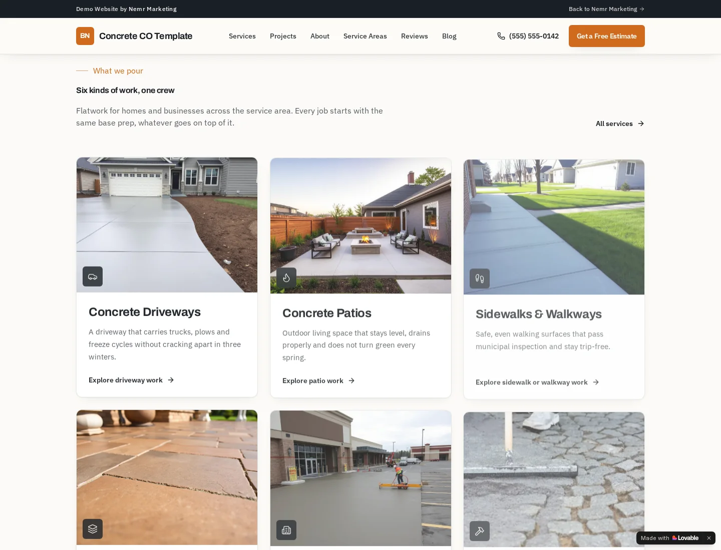 Service cards for driveways, patios, walkways, and other concrete work on the concept website