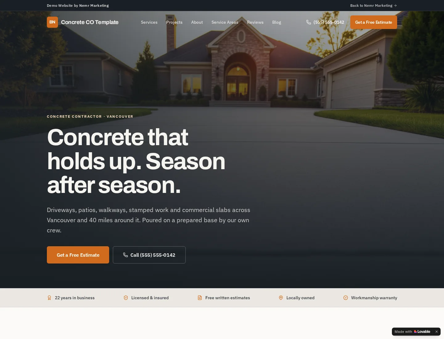 Desktop view of the Concrete Contractor concept website, showing its driveway hero and estimate calls to action