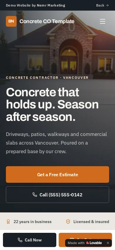 Mobile view of the Concrete Contractor concept website hero